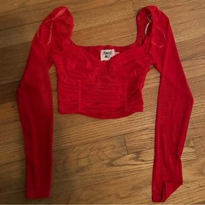 Red mesh corset long sleeve top